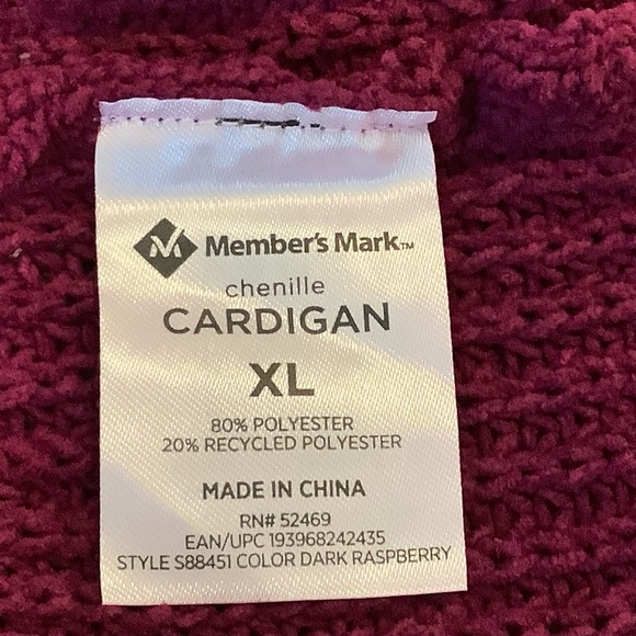 NWT New Member's Mark Chenille Cardigan Size XL, Dark Raspberry Color - Picture 9 of 14